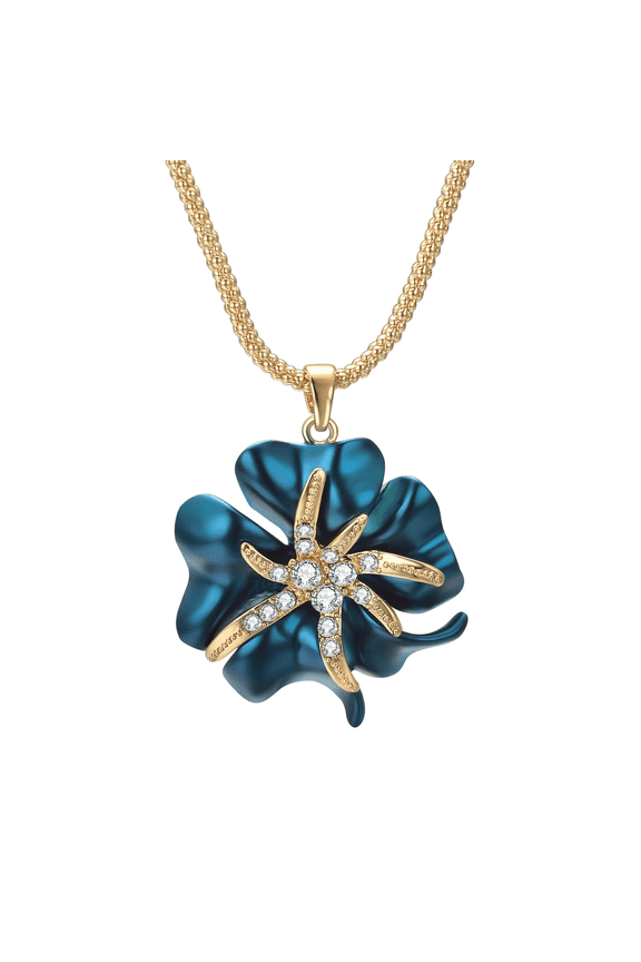 Unique Crystal Flower Pendant Necklace For Women Gold Plated Blue Enamel Leaves Floral Necklaces Jewelry Party Christmas Gifts