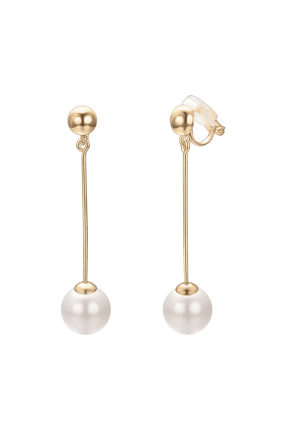 Women's Long Dangle Pearl Earrings Yellow Gold Plated Clip on Faux Pearl Dangle Earrings for Wedding Prom Tredny Jewelry