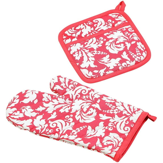 Yourtablecloth Set of Oven Mitt and Pot Holder or Oven Gloves-100% Cotton, High Heat Resistance, Superior Protection & ComfortElegant Design-Machine Washable-Pink