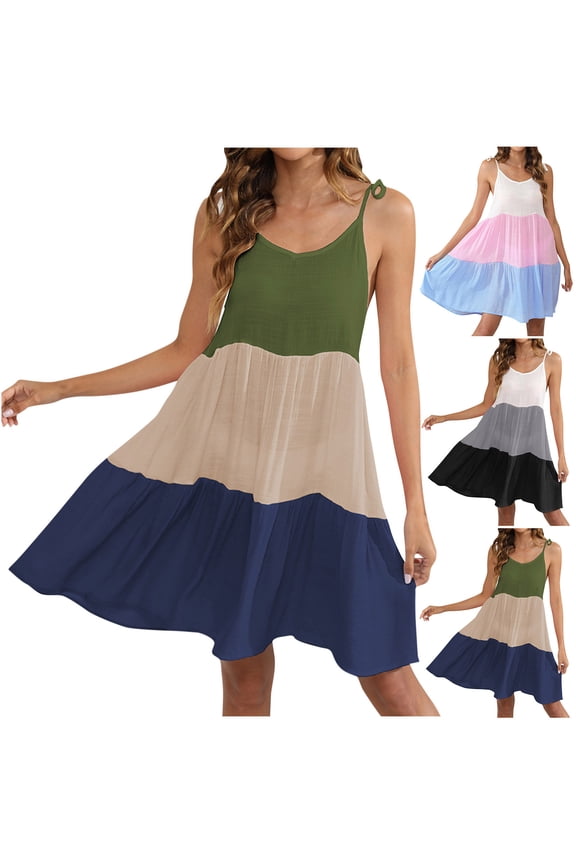 Youruamo Womens Cover Ups for Swimwear Color Block Sleeveless Mini Dress Tiered Spaghetti Strap Camisole Swimsuit Coverup Dresses for Vacation Beachwear
