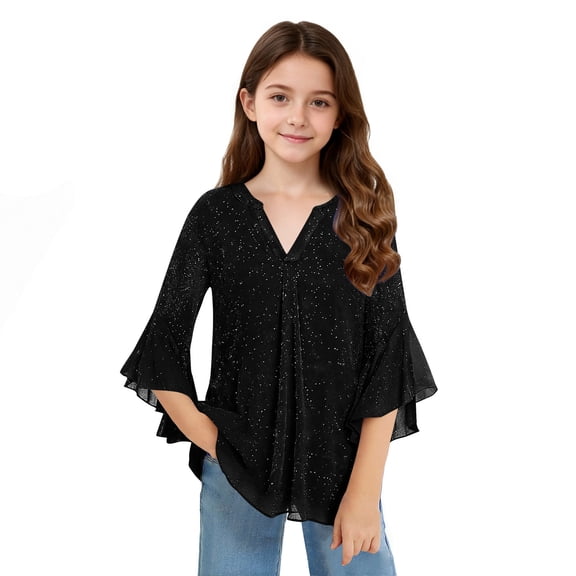 Yourumao 3/4 Sleeve Tops for Girls Mesh Sparkel V Neck Shirts Dressy Pleated Blouses Gillter Soild Color Tees Comfy Party Holiday Tshirts