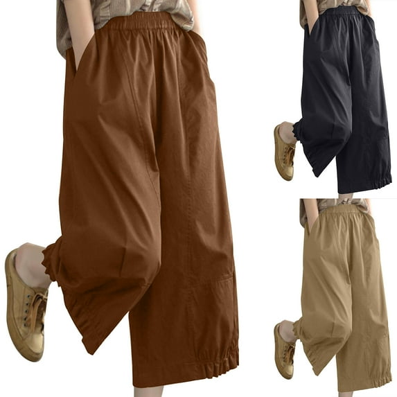 Yourumao Baggy Capris for Women Cotton Solid Wide Leg Capri Pants Elastic Waist Soft Stretchy Trousers for Summer Outdoor