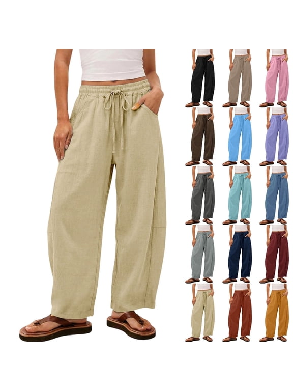 Barrel Pants for Women Tapered Leg Bohemian Baggy Pant Drawstring Elastic Waist Outdoor Trousers for Casual Wear with Pockets