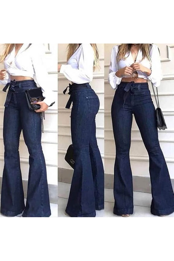 Bell Bottom Jeans for Women Retro High Drawstrings Waisted Flare Jeans Bootcut Denim Pants Holidays Jeans with Pocket