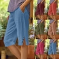 thumbnail image 1 of Yourumao Bermuda Shorts for Women Elastic Waist Linen Shorts Slit Side Loose Summer Pants Solid Plus Size Shorts for Beach Vacation with Pockets, 1 of 6