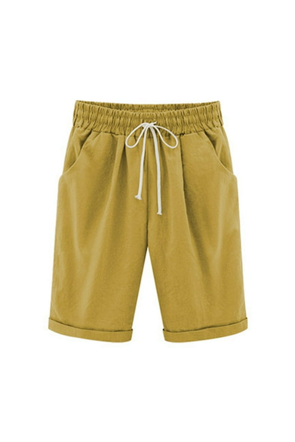 Yourumao Bermuda Shorts for Women High Waisted Cotton Linen Elastic Drawstring Summer Shorts Knee Length Solid Color Lounge Shorts with Pockets