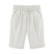YOURUMAO Bermuda Shorts for Women Summer Casual Solid Color Drawstring Shorts Elastic Waisted Cotton Linen Lounge Shorts