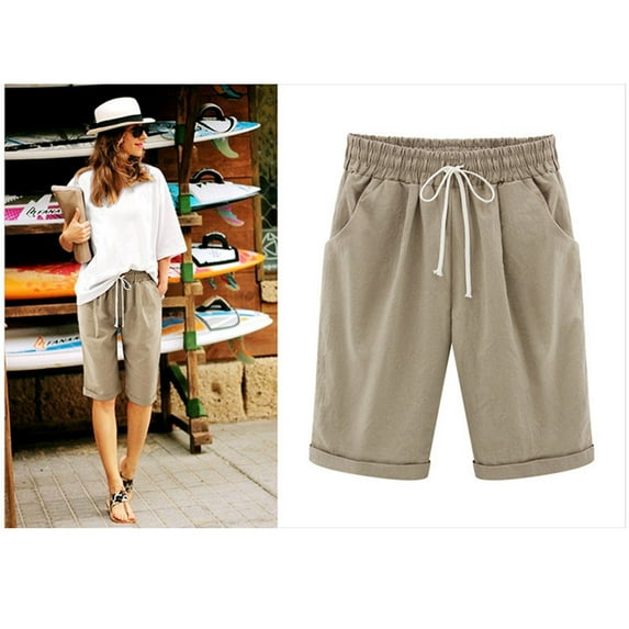 Yourumao Bermuda Shorts for Women Summer Casual Solid Color Drawstring Shorts Elastic Waisted Cotton Linen Lounge Shorts