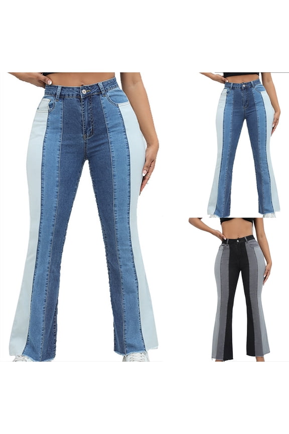 Bootcut Jeans for Women Color Block High Waisted Flare Jeans Cropped Bell Bottom Denim Pants Summer Dressy Jeans