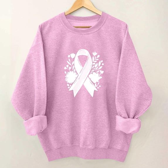 Yourumao Breast Cancer Awareness Sweatshirts for Women Crewneck Pink Ribbon Graphic Pullover Fall Loose Casual Sweatshirt for Breast Cancer Support