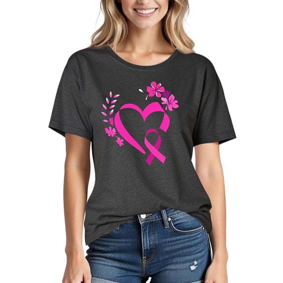Yourumao Breast Cancer Shirt for Women Pink Ribbon Crew Neck Short Sleeve Graphic T Shirt Breast Cancer Gift for Survivors and Supporters
