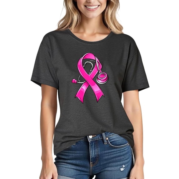 Yourumao Breast Cancer Shirt for Women Pink Ribbon Crew Neck Short Sleeve Graphic T Shirt Breast Cancer Gift for Survivors and Supporters