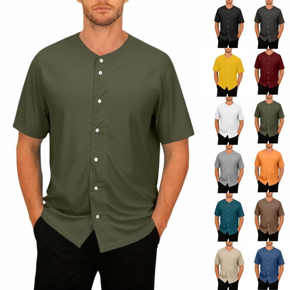 Yourumao Button Down Shirts for Men V Neck Short Sleeve Top for Summer Casual Wear Big and Tall Solid Basic Tees for Going Out