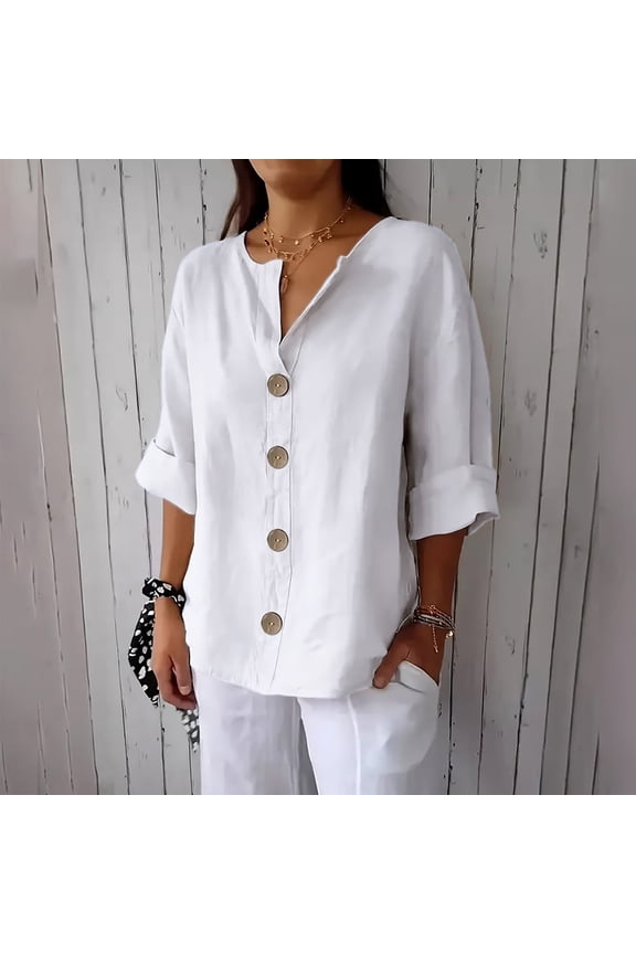 Button Down Shirts for Women Dressy Casual 3/4 Sleeve V Neck Tops Rolled V Neck Blouses Comfy Solid Plus Size Tees Outgoing Tshirt