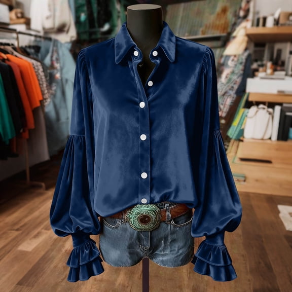 Yourumao Button Down Shirts for Women Velvet Pleated Lantern Sleeve Tops Dressy Lapel Collar Blouses Solid Evening Party Tshirts