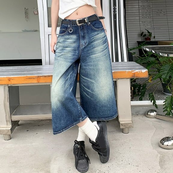Yourumao Capri Jeans for Women Elastic Waisted Wide Leg Jean Capris Distressed Loose Denim Pants Streetwear Jean Trousers