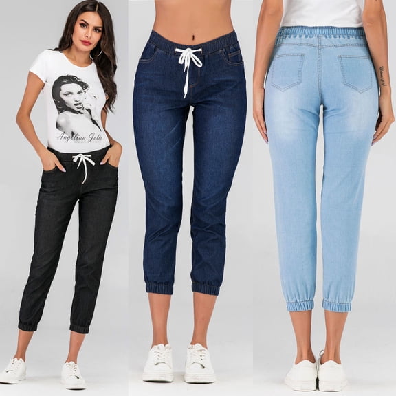 Yourumao Capri Joggers for Women Drawstrings Elastic Waisted Cinch Bottom Jean Capris Summer Plus Size Jeans with Pocket