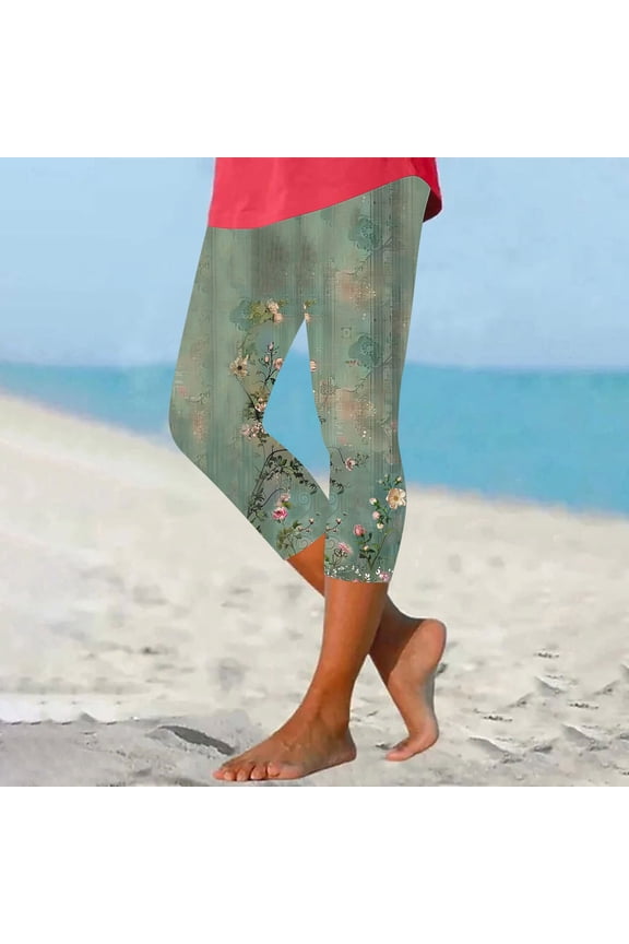 Capri Leggings Women Boho Floral High Waist Capris Stretchy Comfy Summer Casual Pants Plus Size Beach Travel Tights