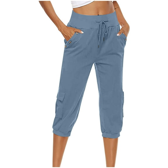 Yourumao Capri Pants for Women Casual Summer Cotton Linen Pants Loose Elastic Waist Capris Trousers Gym Yoga Solid Cropped Pants with Pockets
