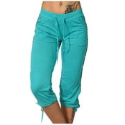 Yourumao Capri Pants for Women Plus Size Elastic Waist Tie Front Pants Slim Fit Yoga Gym Capri Trousers with Pocket