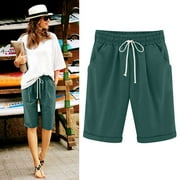 Yourumao Capri Pants for Women Summer Casual Loose Plain Plus Size Cotton Linen Pants Drawstring Knee Length Trousers with Pockets