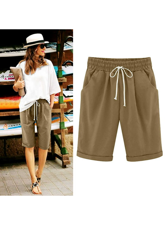 Yourumao Capri Pants for Women Summer Casual Loose Plain Plus Size Cotton Linen Pants Drawstring Knee Length Trousers with Pockets
