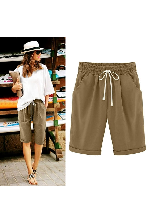 Yourumao Capri Pants for Women Summer Casual Loose Plain Plus Size Cotton Linen Pants Drawstring Knee Length Trousers with Pockets