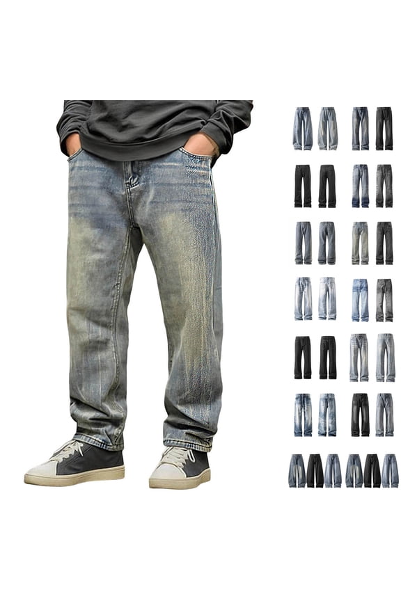 Cargo Jeans for Men Wash Elastic Waisted Wide Leg Jeans Baggy Denim Pants Summer Classic Jean Trousers with Pocket