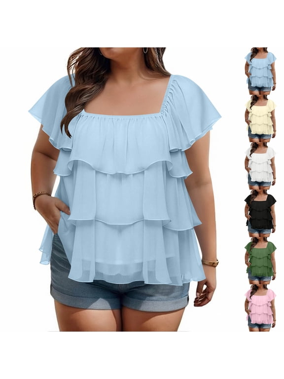 Chiffon Plus Size Tops for Women Short Sleeve Ruffle Tiered Tops Square Neck Dressy Casual Blouses for Summer Vacation Wear