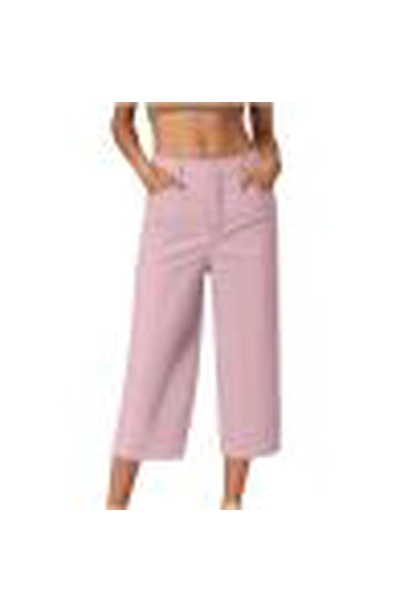 Chino Capri Pants for Women Straight Leg Dress Capris Elastic Waist Loose Solid Trousers for Business Work with Pocket