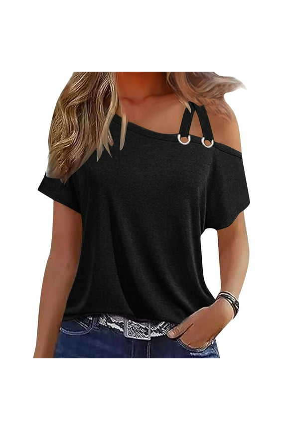 Clod Shoulder Tops for Women Loose Fit Short Sleeve Shirts Dressy Solid Color Tees Comfy Shoulderless Blouses Going Out T Shirt