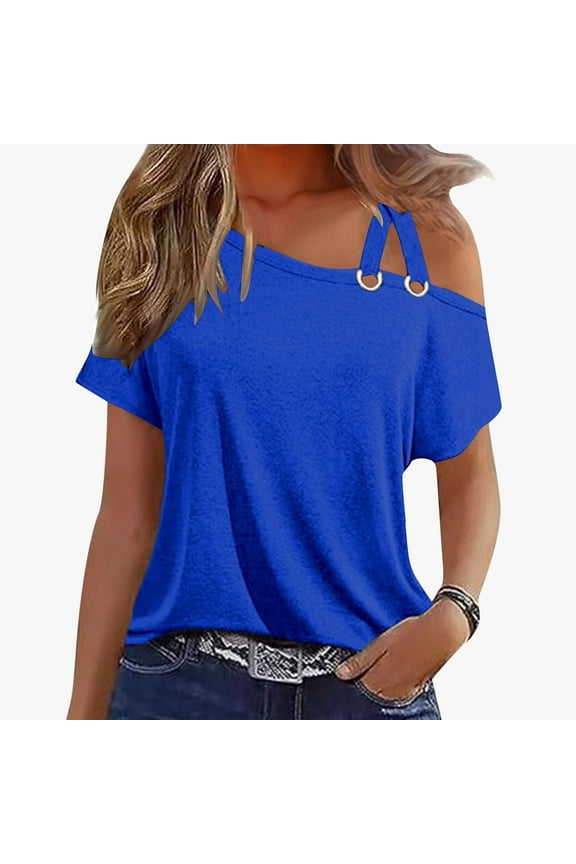Clod Shoulder Tops for Women Loose Fit Short Sleeve Shirts Dressy Solid Color Tees Comfy Shoulderless Blouses Going Out T Shirt