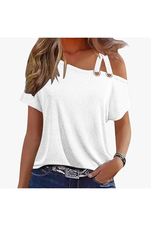 Clod Shoulder Tops for Women Loose Fit Short Sleeve Shirts Dressy Solid Color Tees Comfy Shoulderless Blouses Going Out T Shirt