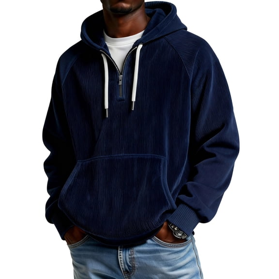 Yourumao Corduroy Hoodie for Men Classic Quarter Zip Hooded Tops Solid Long Sleeve Pullover Cozy Going Out Shirts with Pocket
