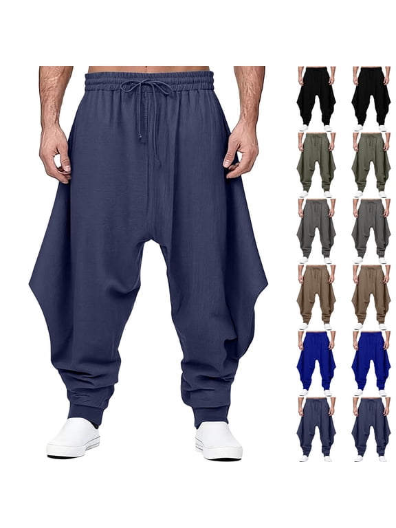 Cotton Linen Harem Pants for Men Baggy Elastic Drawstring Waist Joggers Solid Drop Crotch Cinch Bottom Pants Big and Tall Pants