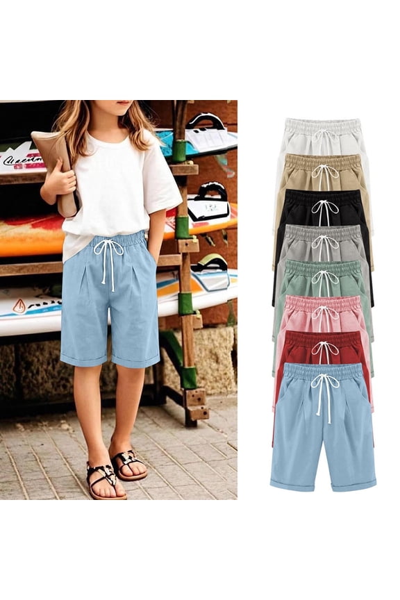 Cotton Linen Shorts for Girls 4-15 Year Elastic Waist Bermuda Shorts Loose Solid Knee Length Pants Summer Beach Lounge Shorts with Pocket