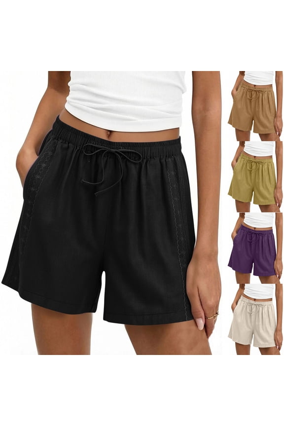 Cotton Linen Shorts for Women Drawstring Elastic Waist Loose Shorts Lace Patch Solid Casual Shorts for Summer Beach