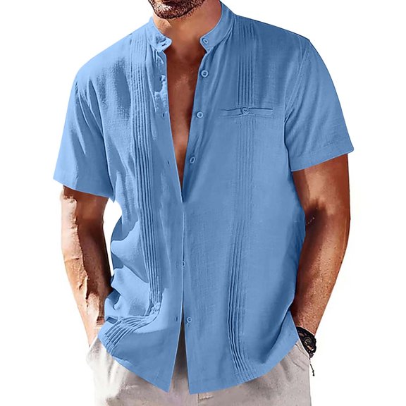 Yourumao Cotton Linen Tops for Men Textured V Neck Button Down Shirts Solid Stand Collar Short Sleeve Blouses with Pocket