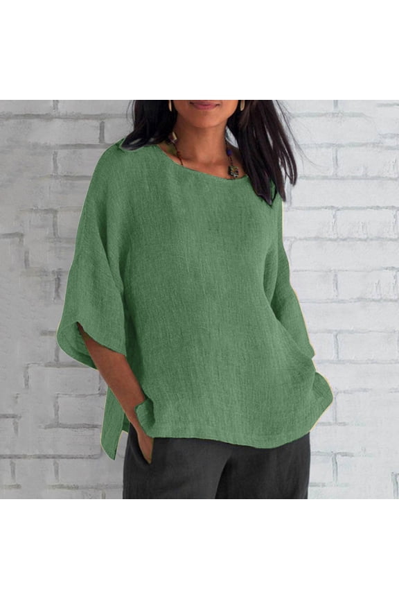 Cotton Linen Tops for Women Casual Plus Size 3/4 Sleeve Shirts Basic Crewneck Blouses Lightweight Solid Color Tees Plus Size Tshirt