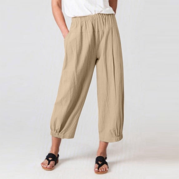 Yourumao Cropped Cotton Linen Pants for Women Wide Leg Elastic Waised Pants Solid Casual Trousers with Pocket