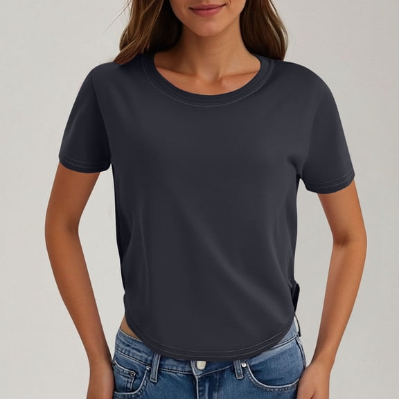 Yourumao Curved Hem Tops for Women Basic Crew Neck Shirts Fitted Short Sleeve Blouses Casual Solid Color Tees Comfy Tshirts Going Out Shirt