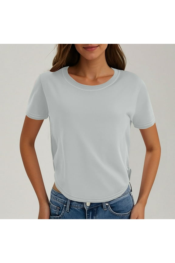 Curved Hem Tops for Women Basic Crew Neck Shirts Fitted Short Sleeve Blouses Casual Solid Color Tees Comfy Tshirts Going Out Shirt