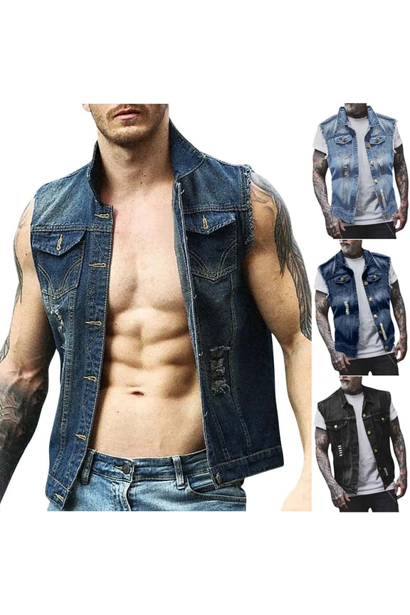 Denim Vest for Men Vintage Lapel Collar Sleeveless Jacket Ripped Button Down Jean Vests Summer Going Out Tops