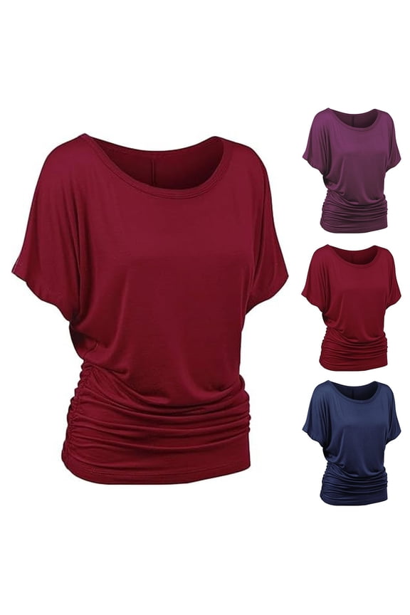 Dolman Tops for Women Ruched Bat-Wing Sleeve Shirts Solid Comfy Boat Neck Tshirts Summer Drassy Blouses with Side Shirring