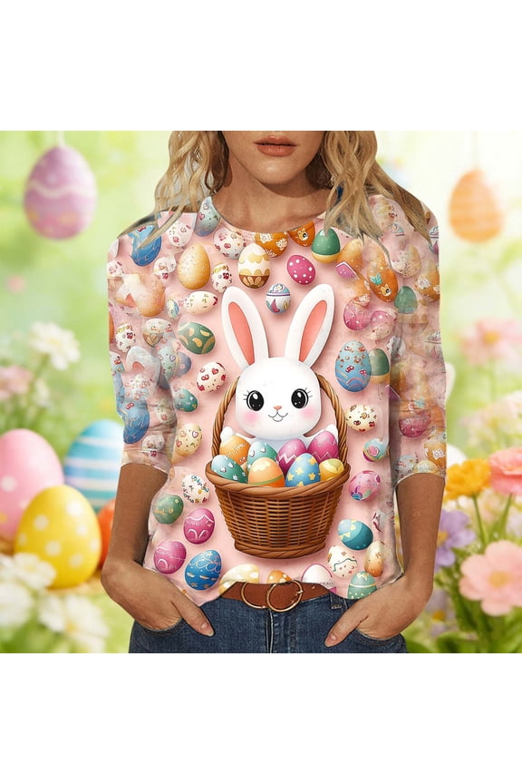Easter 3/4 Sleeve Shirts for Women Happy Bunny Crewneck Tshirt Cute Easter Egg Graphic Tee Theme Party Plus Size Tops