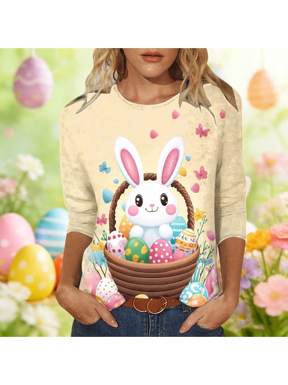Easter Shirts Women Trendy 3/4 Sleeve Tops Crew Neck Loose Casual Tshirt Spring Outgoing Shirt Plus Size Tee