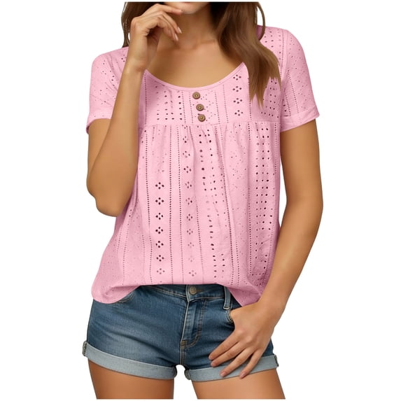 Yourumao Eyelet Tops for Women Casual Short Sleeve Shirts Loose Crewneck Blouses Lightweight Solid Color Tees Summer Trendy Tshirts