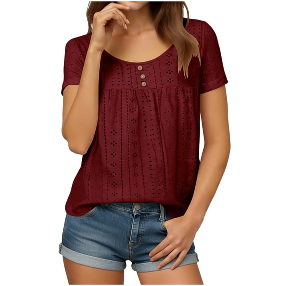 Yourumao Eyelet Tops for Women Casual Short Sleeve Shirts Loose Crewneck Blouses Lightweight Solid Color Tees Summer Trendy Tshirts