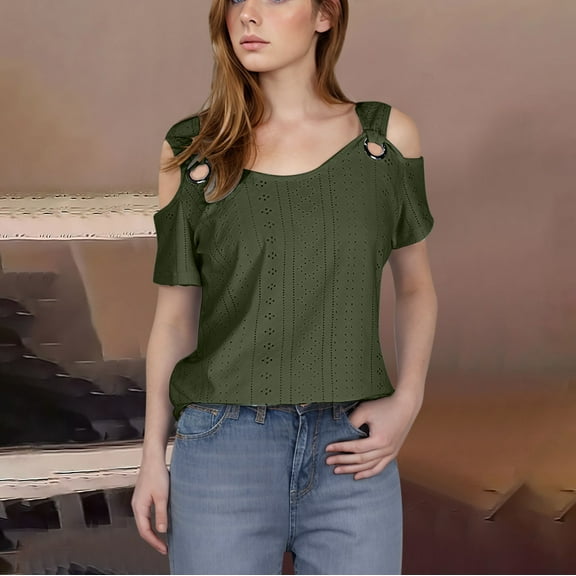 Yourumao Eyelet Tops for Women Dressy Casual Cold Shoulder Shirts Stylish Short Sleeve V Neck Tees Comfy Soild Outgoing T-shirts