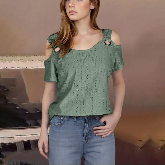 Yourumao Eyelet Tops for Women Dressy Casual Cold Shoulder Shirts Stylish Short Sleeve V Neck Tees Comfy Soild Outgoing T-shirts